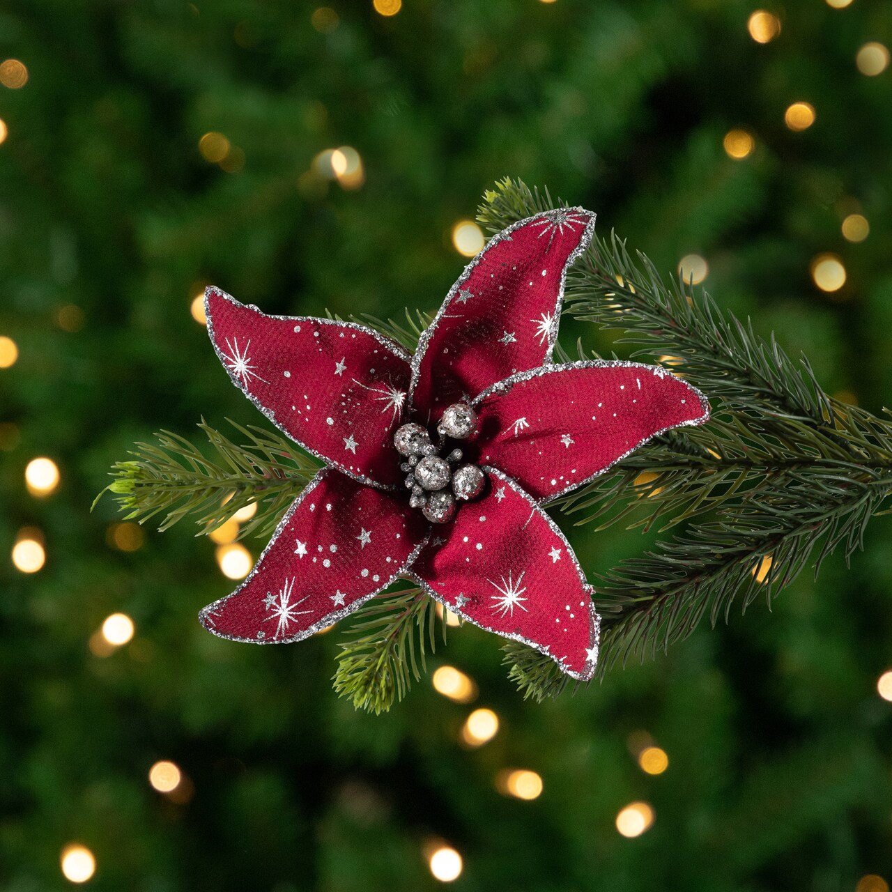 Northlight Starburst Flower Glittered Clip-on Christmas Ornament - 6" - Red and Silver
